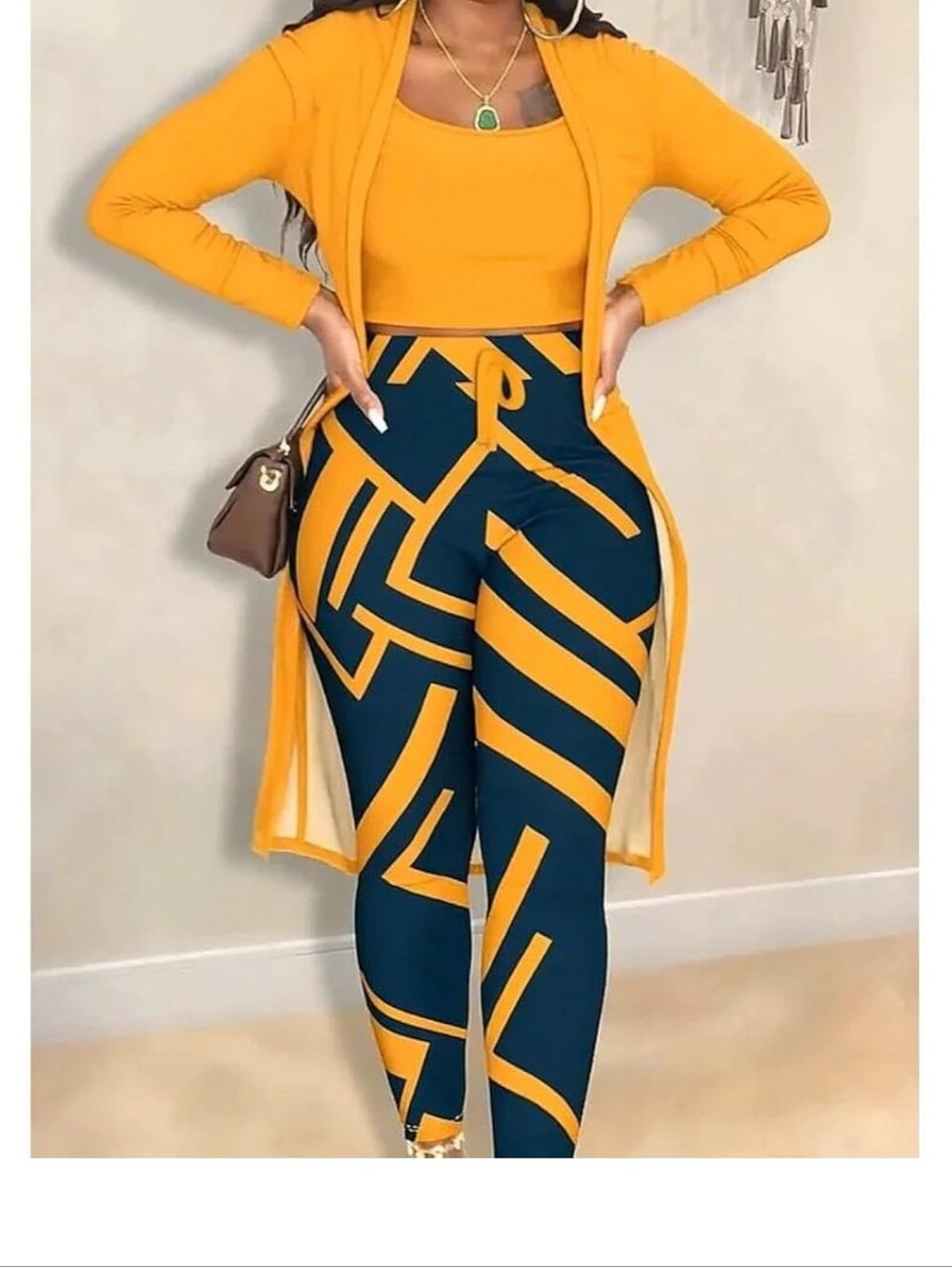 Women's Gold and Navy Geometric High-Waist Jogger Set